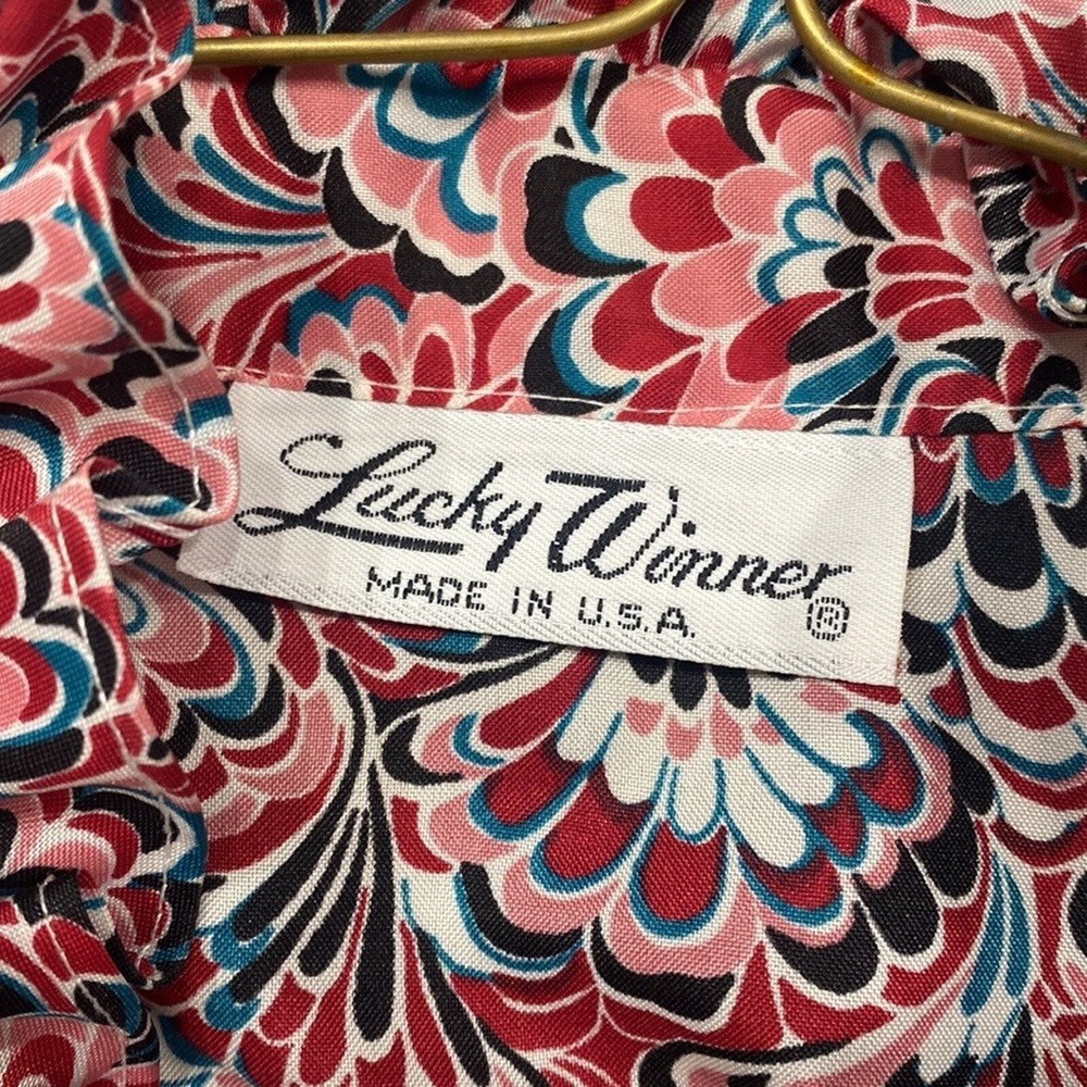 Lucky Winner Vintage Ruffle High‎ Neck Blouse Womens Size L Red Pink Psychedelic - Picture 6 of 6